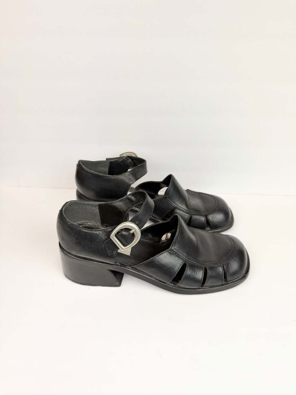 Diba Black Leather Fisherman Chunky Heel Mary Jane Sandals Size 9